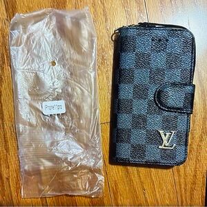 NWT IPhone11 Pro  wallet phone case black checkered with gold